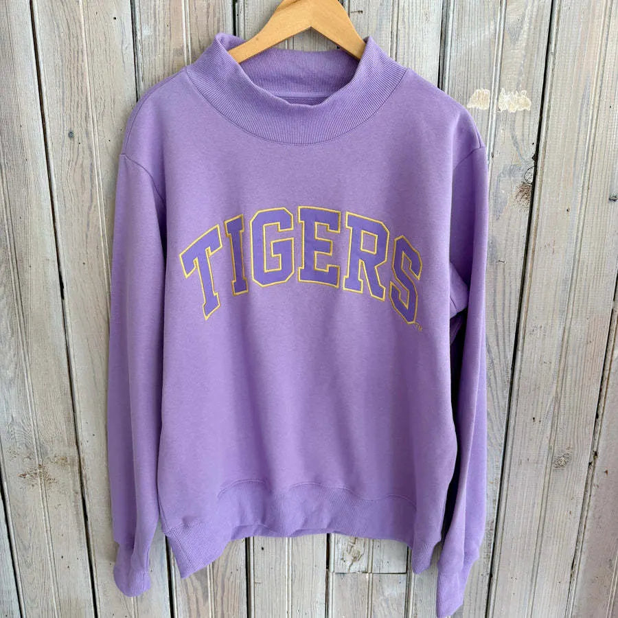 Lavender TIGERS Letter Print Sweatshirt, Casual Loose Mock Neck Fall Pullover Top