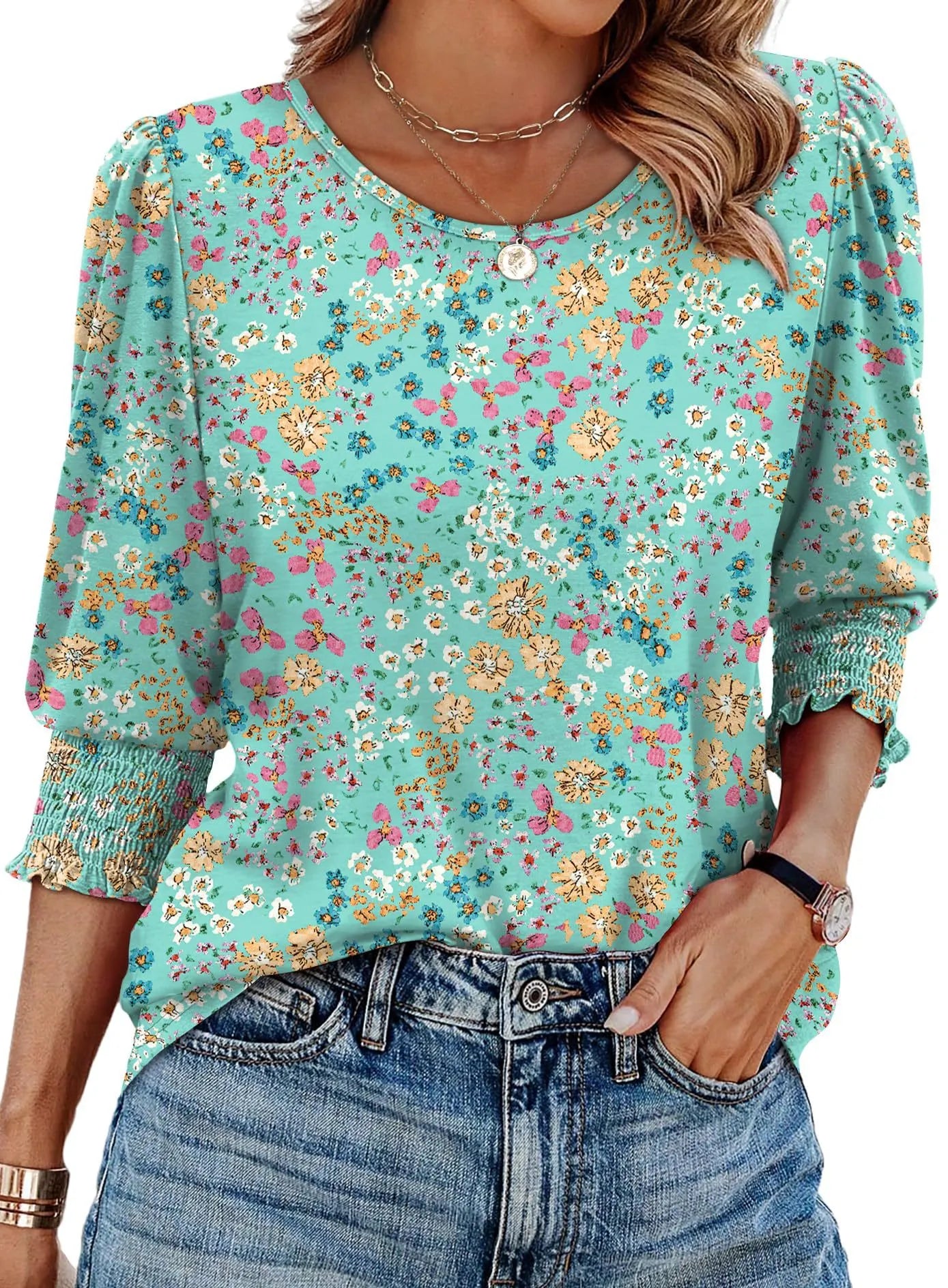 Puff Sleeve Smocked Cuff Half Sleeve T-Shirt