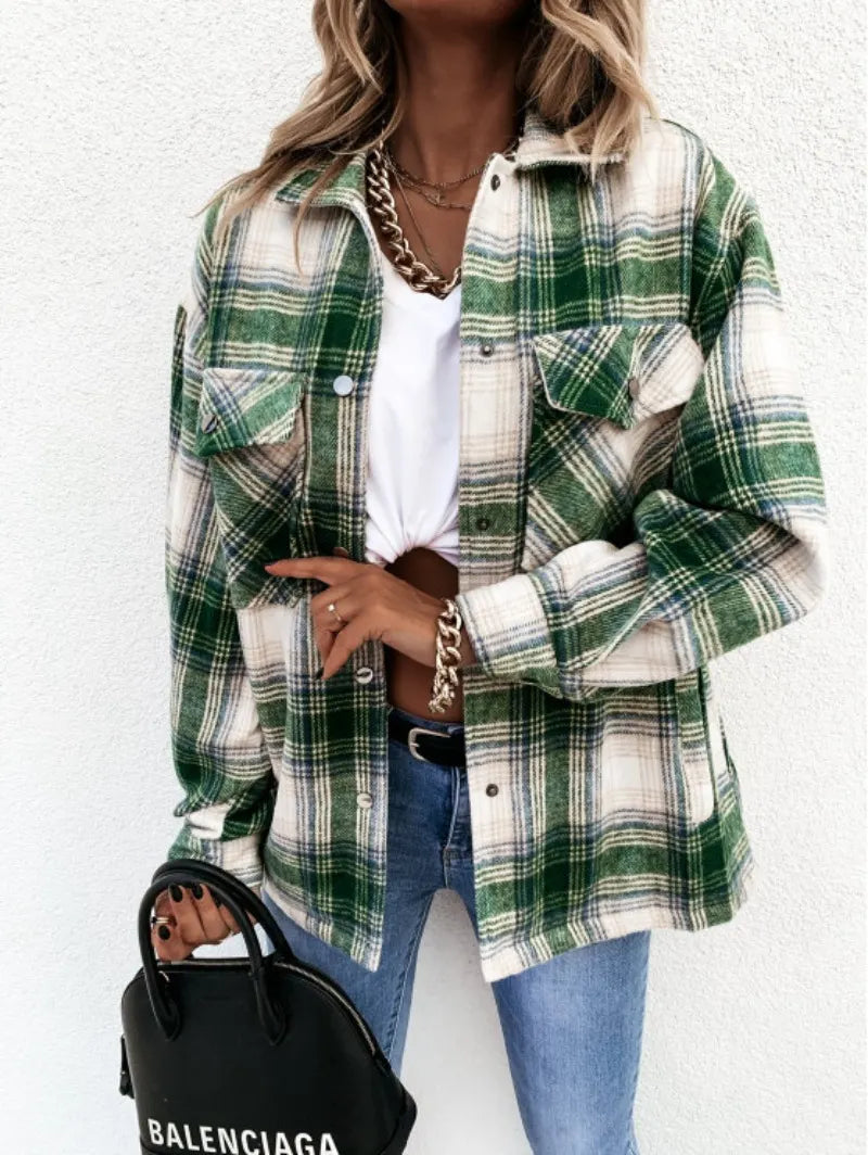 Fall Outfit Brown Check Shacket, Loose Fit Flannel Plaid Shirt Coat