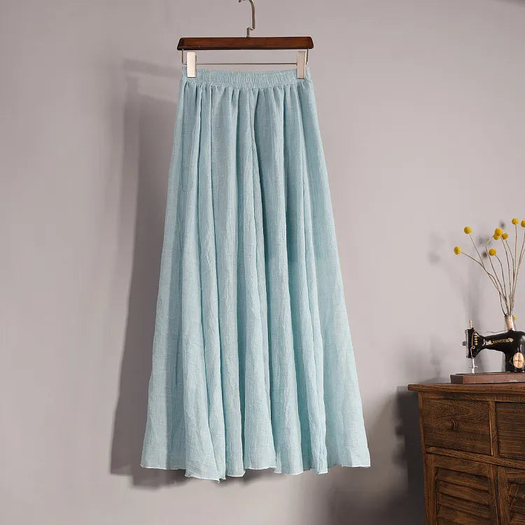 Linen Blend Maxi Skirt High Waist Pleated Flowy Skirt