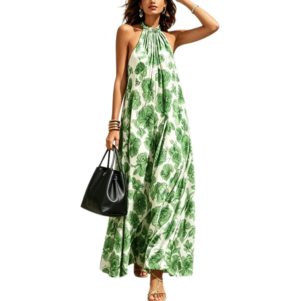 Halter Neck Floral Print Satin Maxi Dress