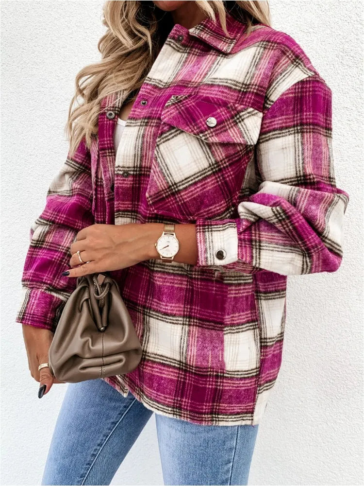 Fall Outfit Brown Check Shacket, Loose Fit Flannel Plaid Shirt Coat