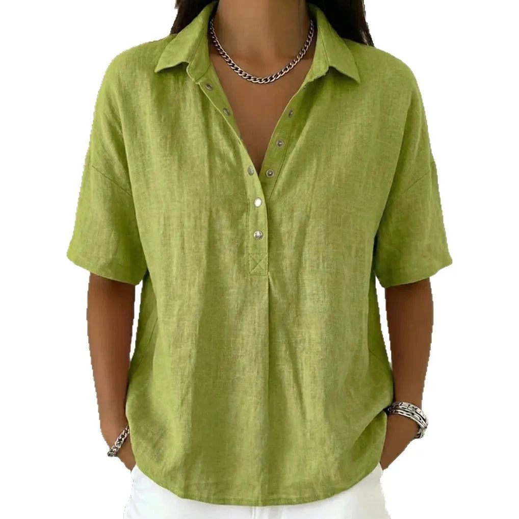 Solid Color Lapel Half-Button Short Sleeve Blouse
