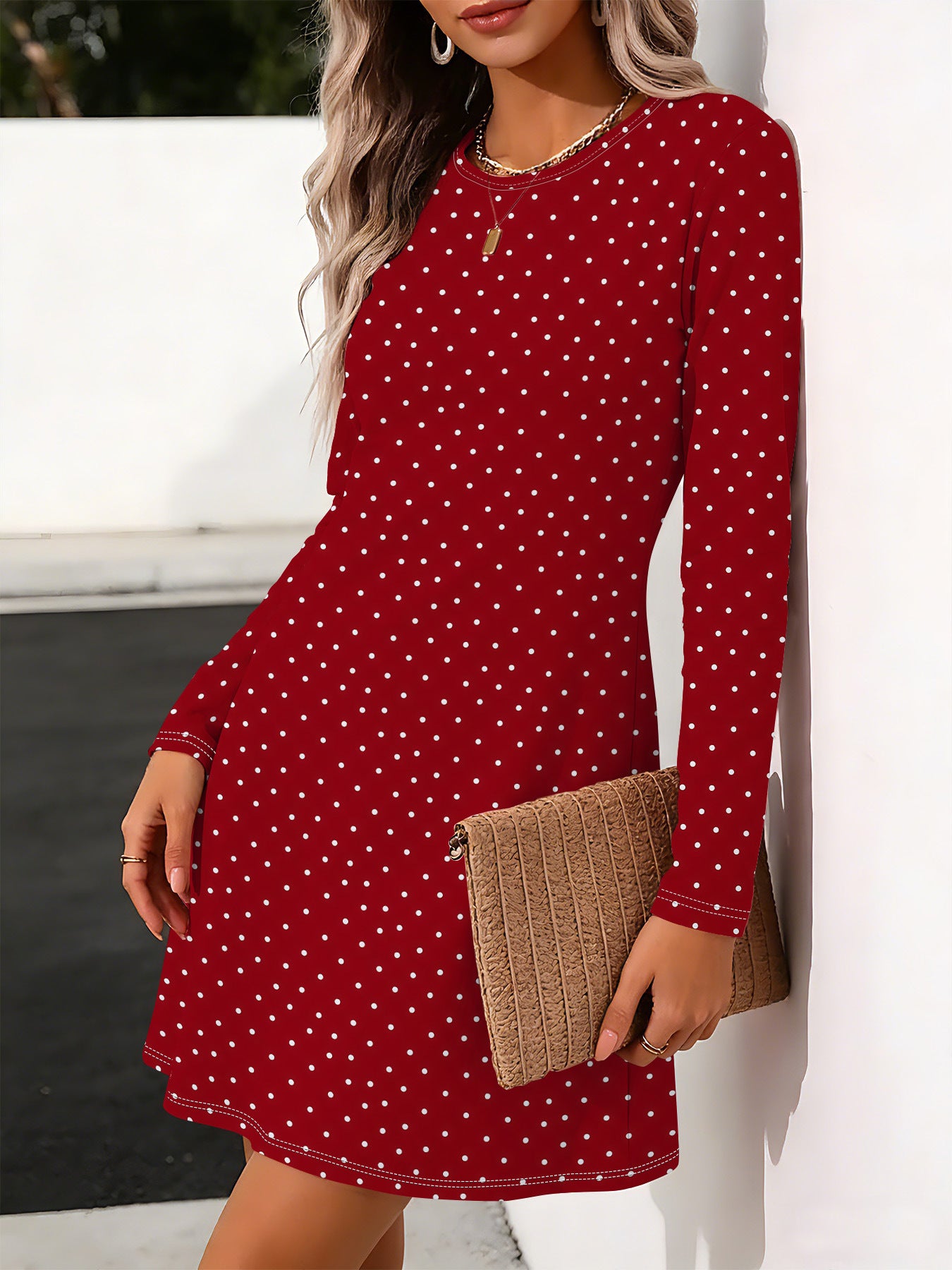 Holographic Star Print Round Neck Long Sleeve Midi Dress