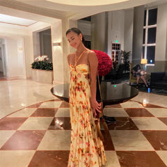 Floral Halter Cutout Pleated Maxi Dress
