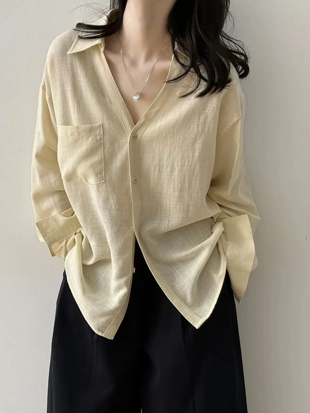 Tencel Pocket Oversized V Neck Shirt