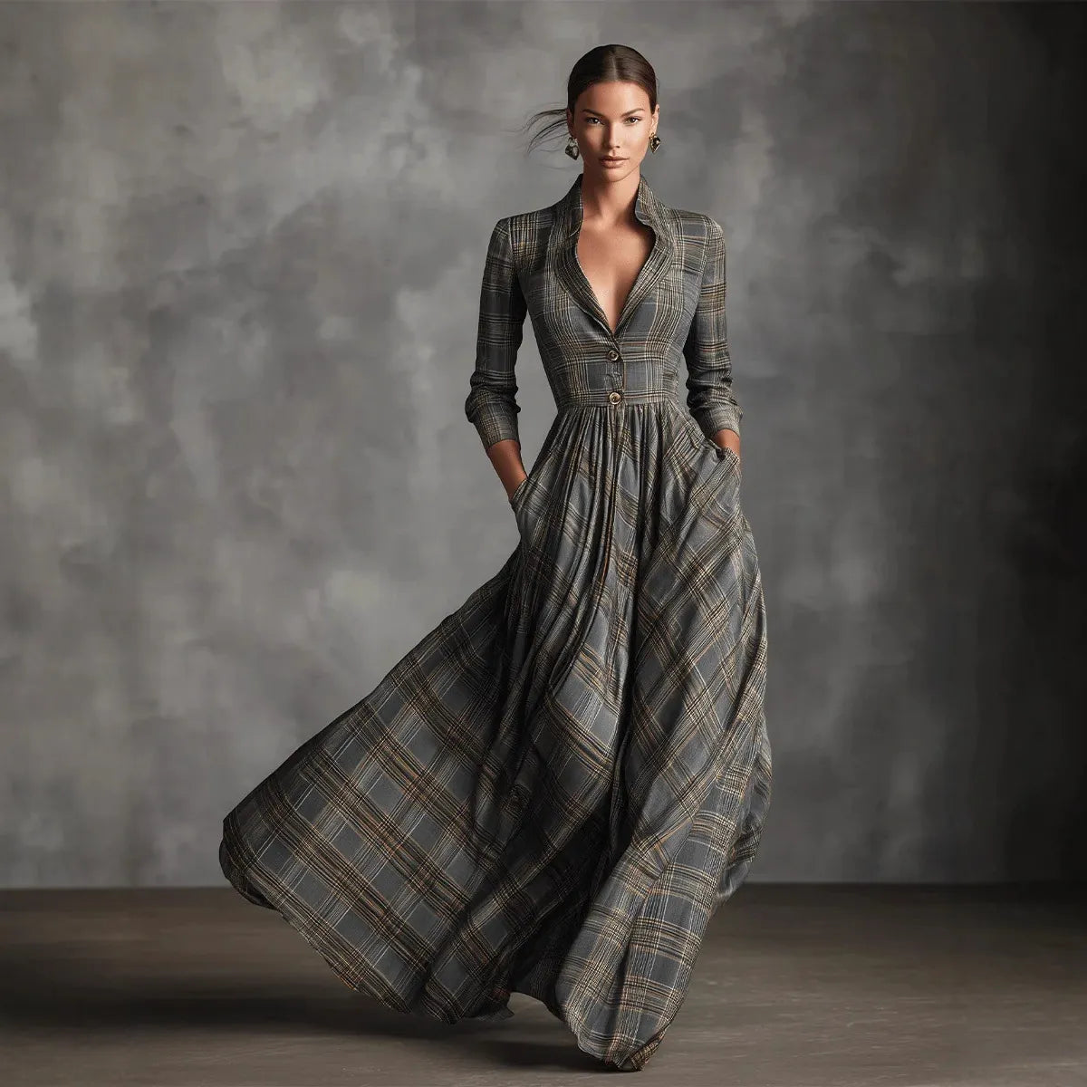 Grey Tartan Plaid Maxi Dress for Elegant V Neck Stand Collar Waist Fit Flare Long Dress