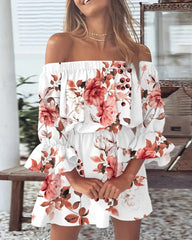 Off-the-Shoulder Ruffle Mini Dress, Floral Print Bell Sleeve Summer Dress