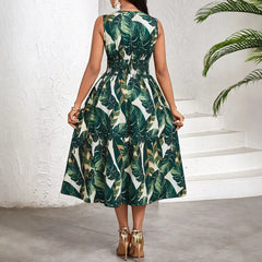 Tropical Leaf Print V-Neck High Waist Sleeveless A-Line Midi Dress