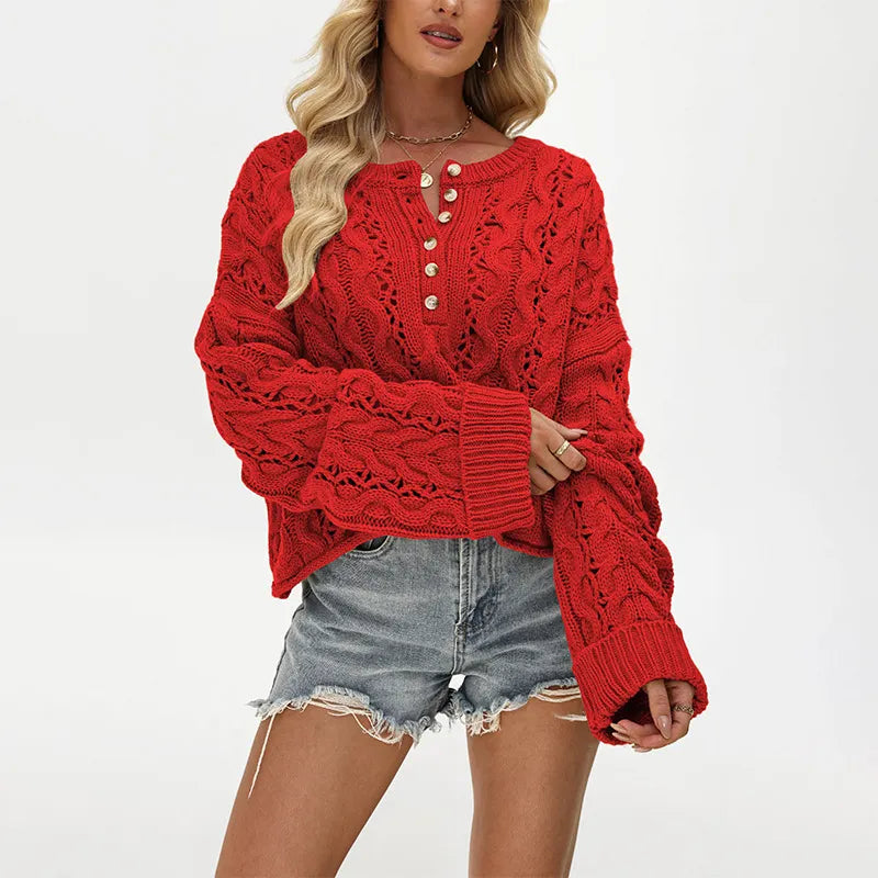 Romantic Hollow Cable Knit Henley Jumper Oversized Button Detail Long Sleeve Sweater