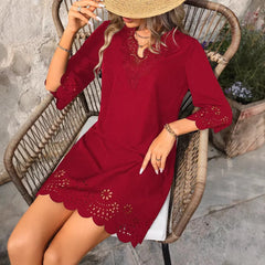 Solid Color Lace Trim V-Neck 3/4 Sleeve Midi Dress