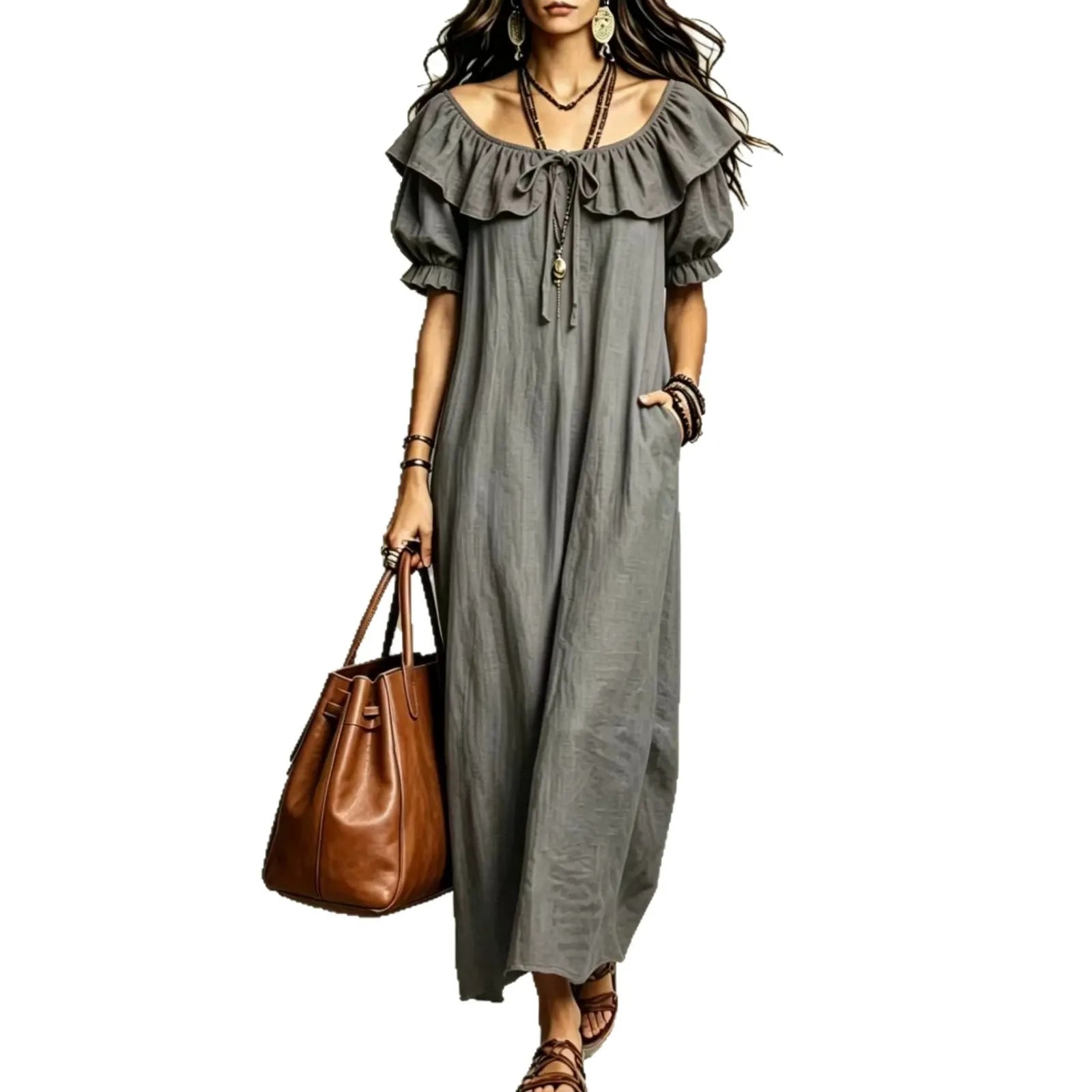 Ruffle Neck Puff Sleeve Maxi Dress