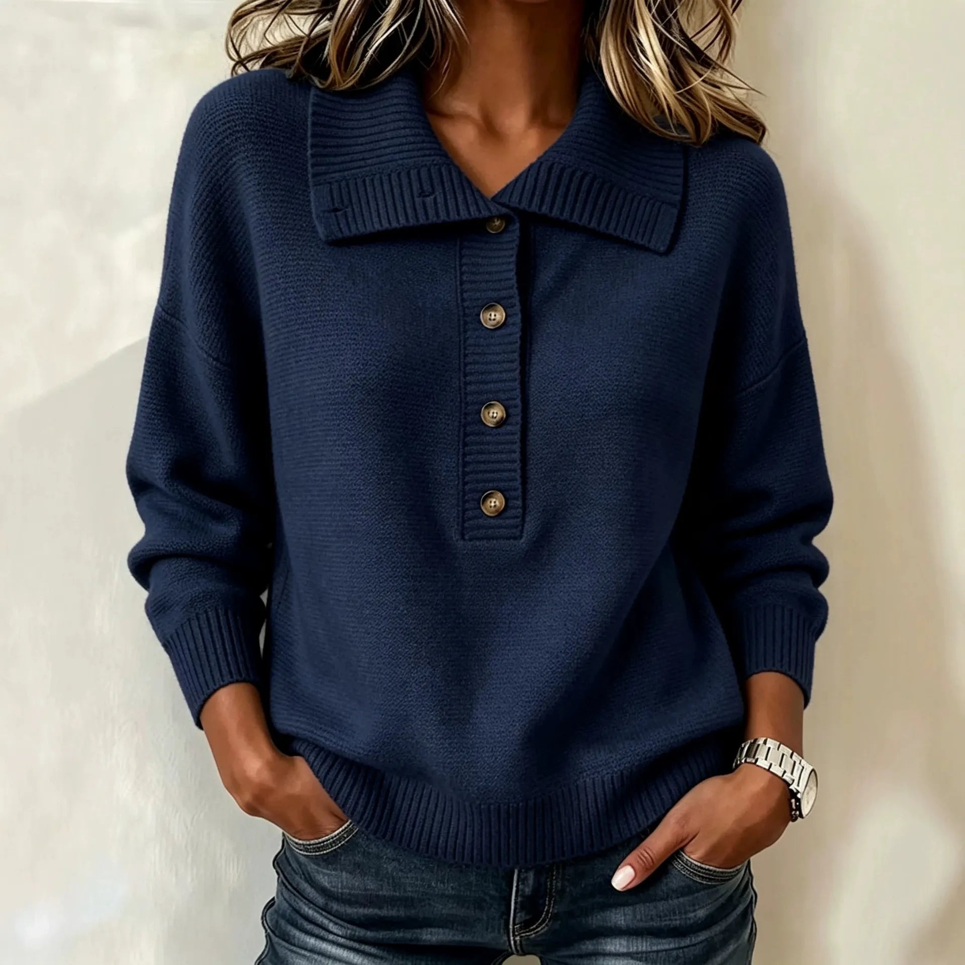 Burgundy Collared Henley Knit Sweater Button Front Long Sleeve Loose Pullover