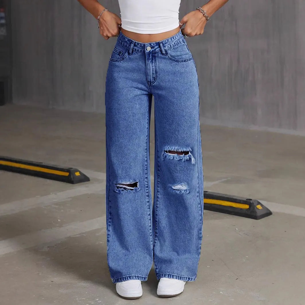 High Waist Casual Distressed Denim Pants