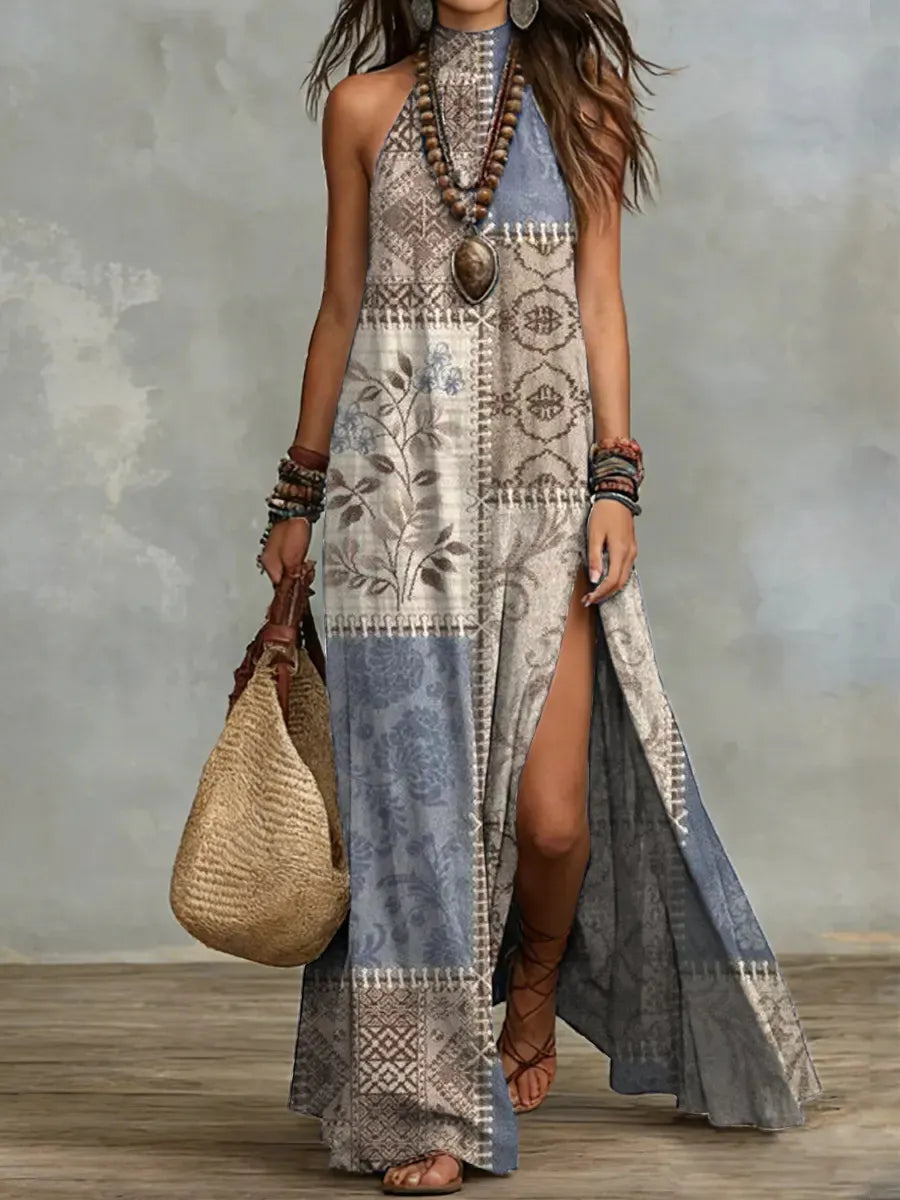 Bohemian Print Halter Neck Sleeveless Maxi Dress