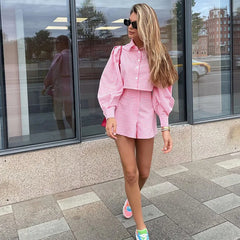 Womne's Gingham Crop Shirt & High Waist Shorts 2 Piece Set