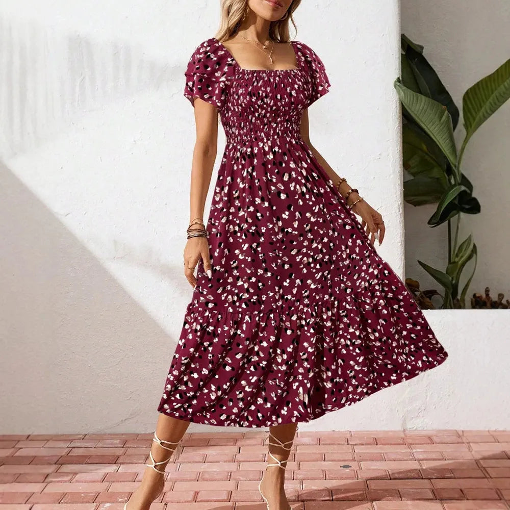Square Neck Ruffle Sleeve Leopard Print Smocked Waist Midi Dress