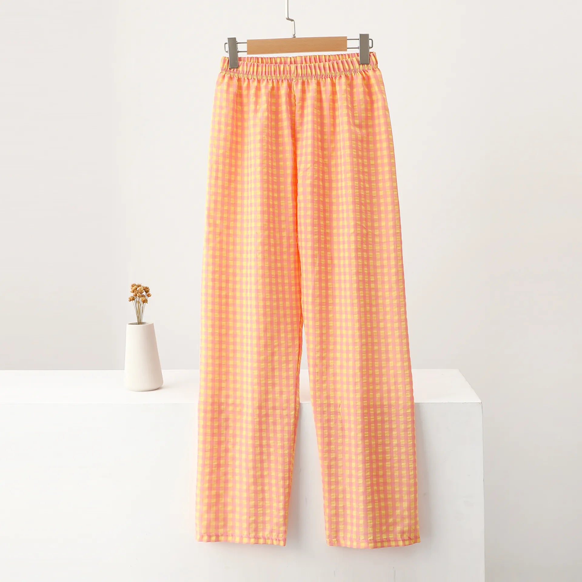 Plaid Elastic Waist Wide Leg Pants