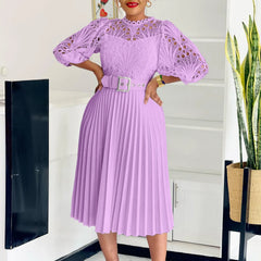 Lace Patchwork Pleated Midi Dress