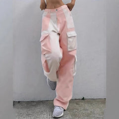 Mid‑Waist Contrast Color Spliced Cargo Jeans