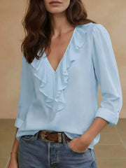Front Ruffle V Neck Blouse