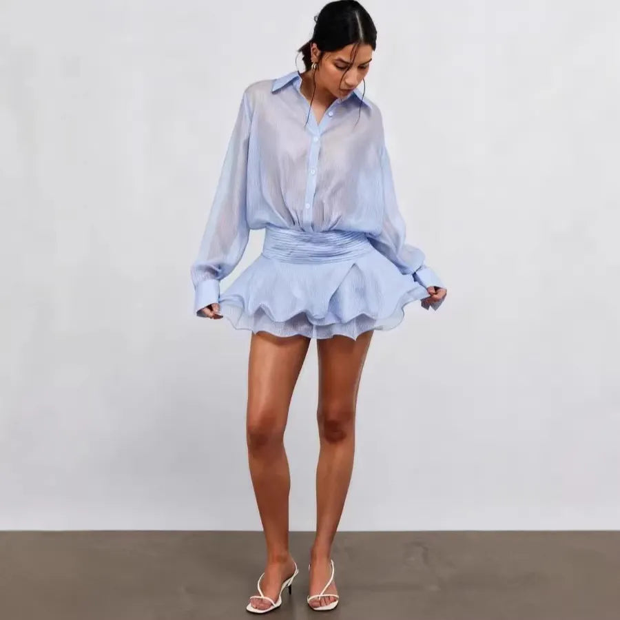 Sheer Shirt Collar Long Sleeve Mini Shirt Dress