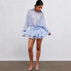 Sheer Shirt Collar Long Sleeve Mini Shirt Dress