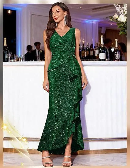 Sleeveless V Neck Sequin Maxi Dress, Ruched Ruffle Split Hem Formal Evening Gown