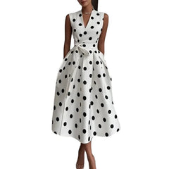Polka Dot V Neck Sleeveless Wrap Tie High Waist A-Line Midi Dress