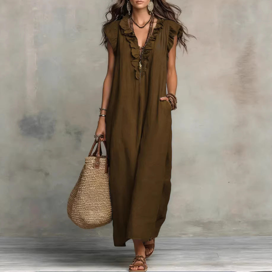 Ruffle-Trimmed Linen-Blend Maxi Dress
