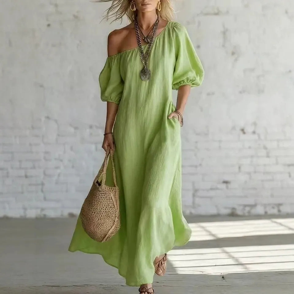 Solid Color Off Shoulder Puff Sleeve Pleated Midi Puffy Shirt Dress