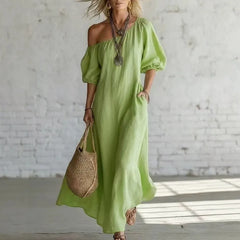 Solid Color Off Shoulder Puff Sleeve Pleated Midi Puffy Shirt Dress