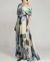 Watercolor Floral Asymmetrical Off-Shoulder Chiffon Maxi Dress