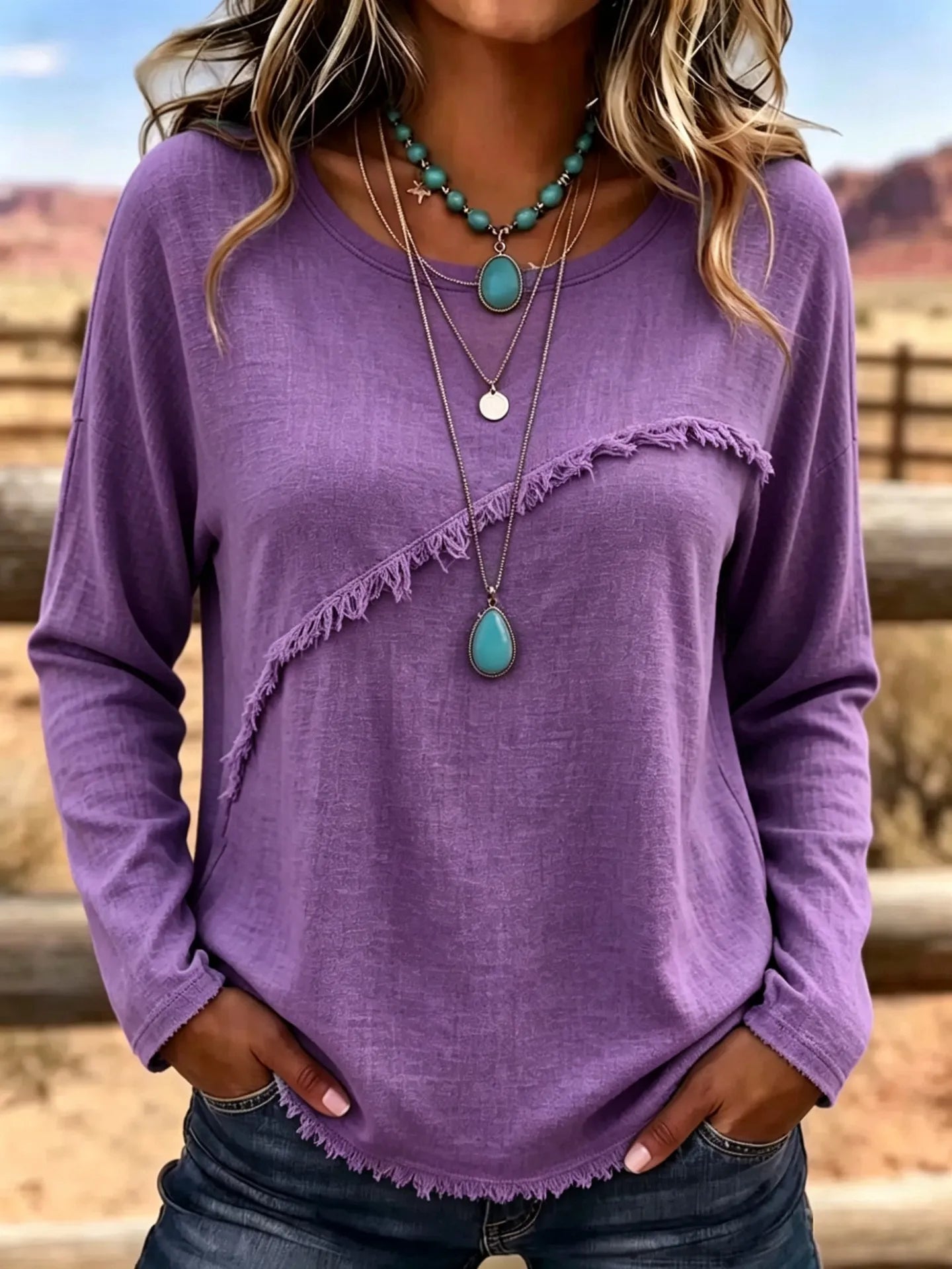 Crew Neck Diagonal Fringe Spliced Long Sleeve Polyester Casual Top