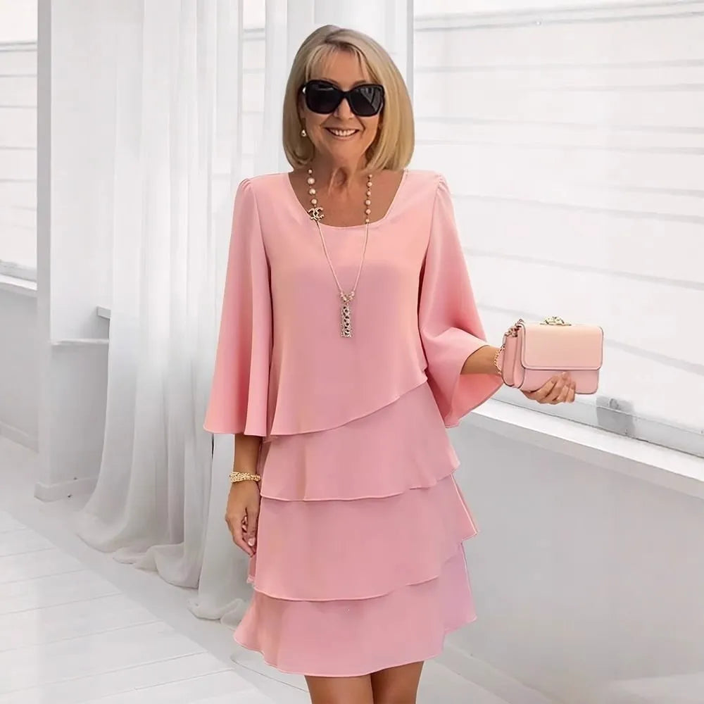 Solid Color Round Neck Layered Flared Sleeve Dress