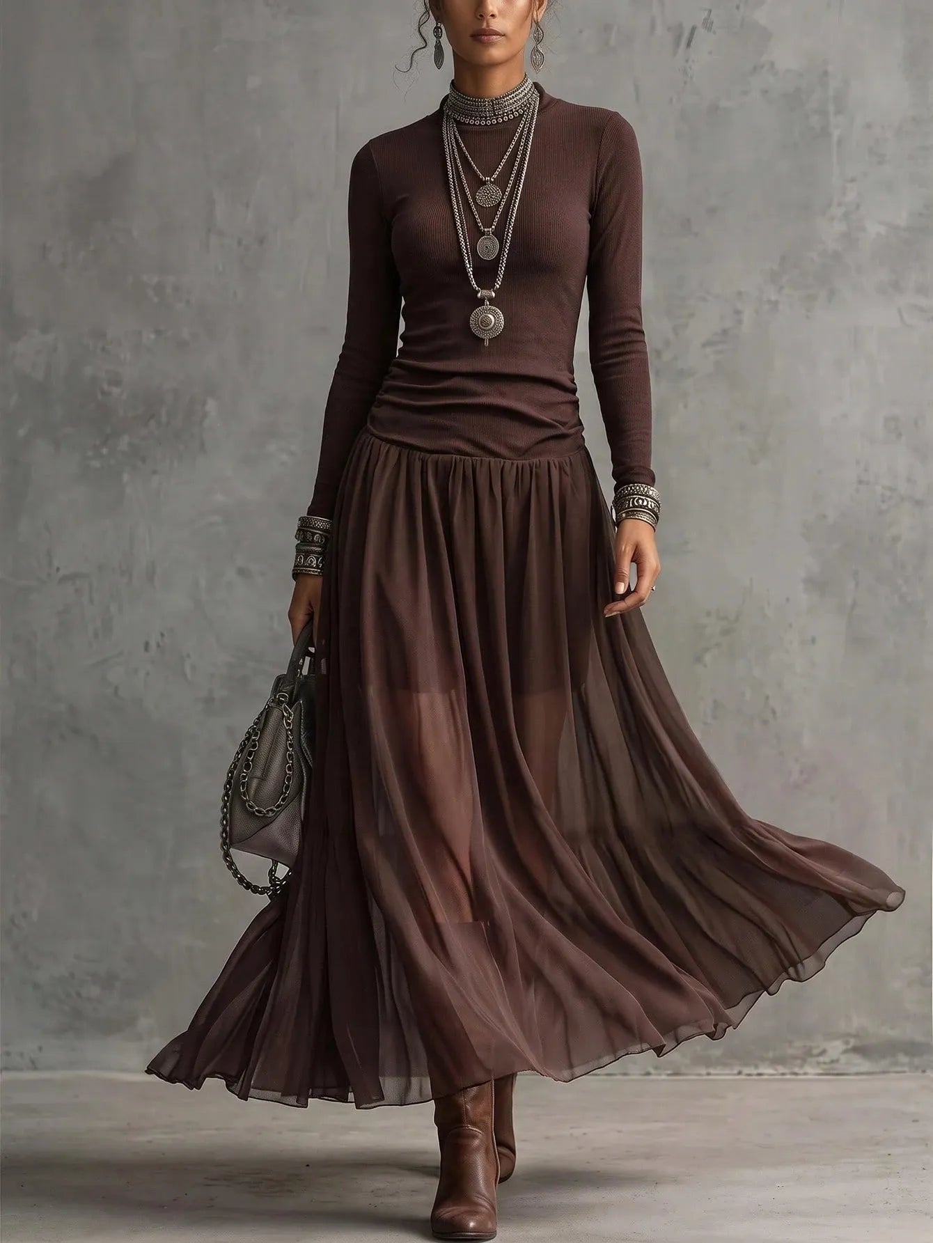 Crew Neck Pleated Maxi Dress