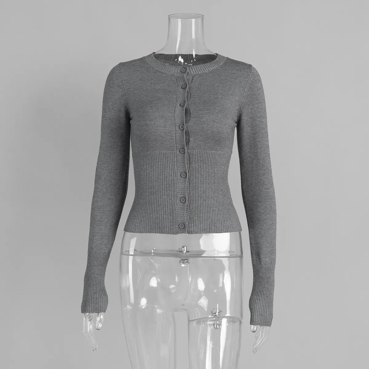 Y2K Button Front Crop Knit Top, Round Neck Long Sleeve Fitted Gray Sweater Cardigan
