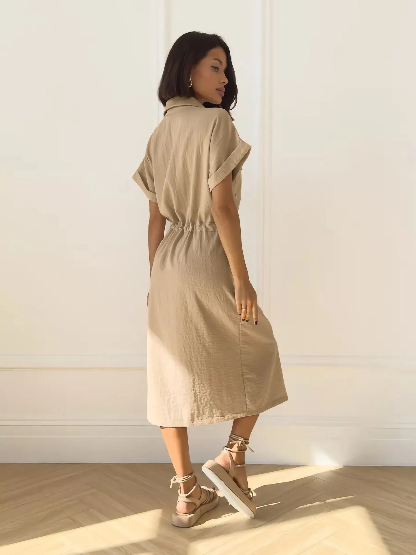 Casual Lapel Button Drawstring Waist Cargo Shirt Midi Dress