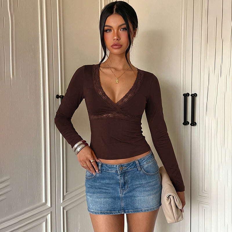 Lace Detail V-Neck Wrap Crop Top, Long Sleeve Slim Fitted Wine Red Going Out Top