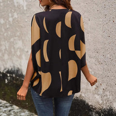 Color Block V-Neck Batwing Sleeve Loose Casual T-Shirt
