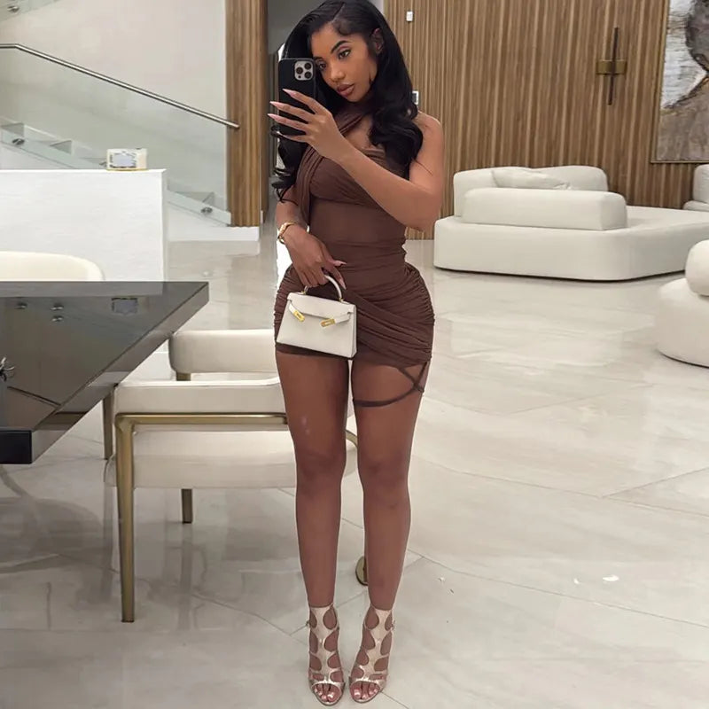 Mesh Ruched Halter Mini Dress