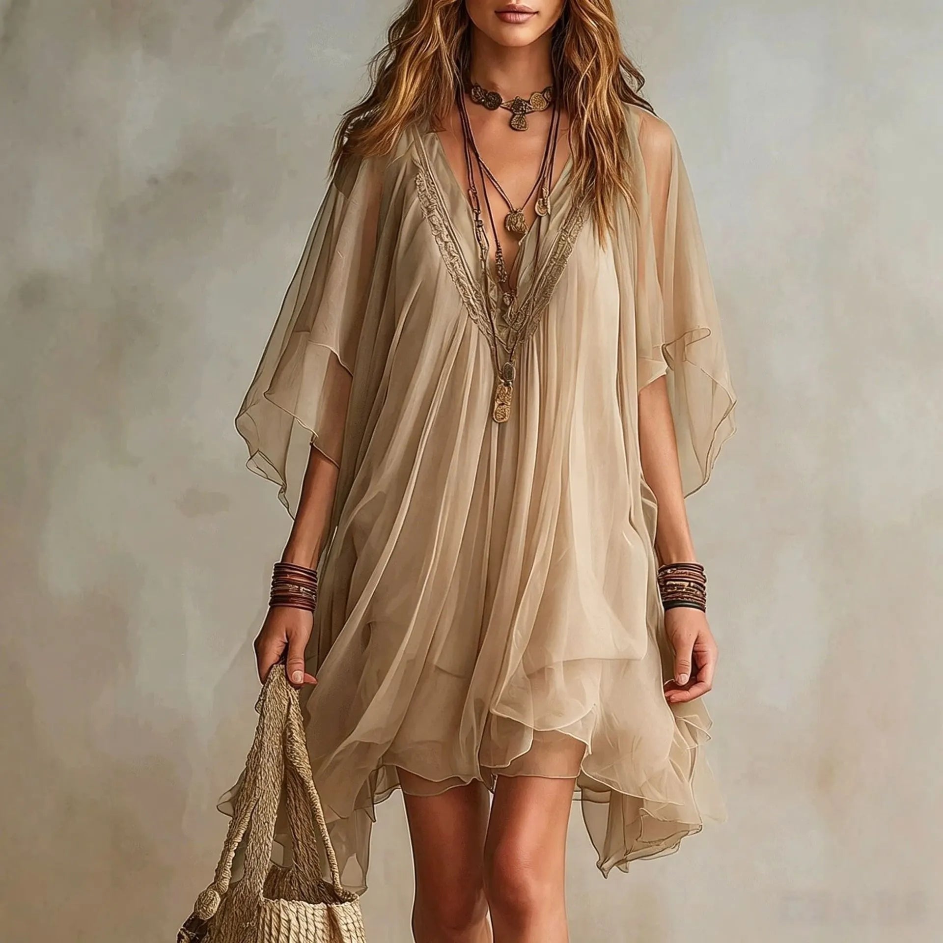 Deep V Neck Sheer Five-Quarter Sleeve Loose Irregular Hem Chiffon Mini Dress
