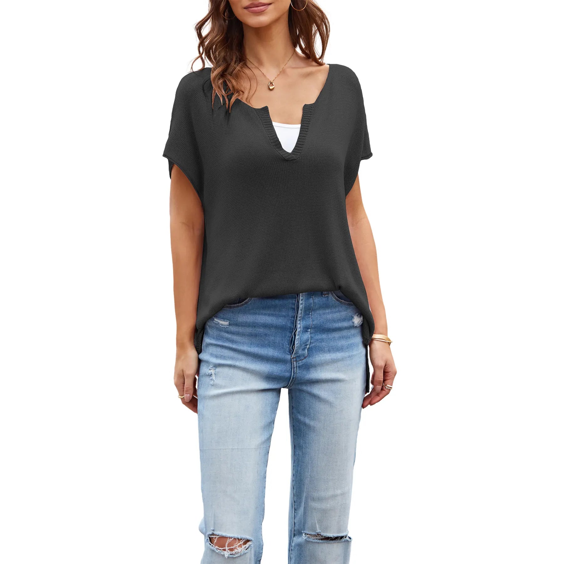 Notched V Neck Cap Short Sleeve Loose Knit Pullover Sweater Top