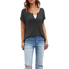 Notched V Neck Cap Short Sleeve Loose Knit Pullover Sweater Top