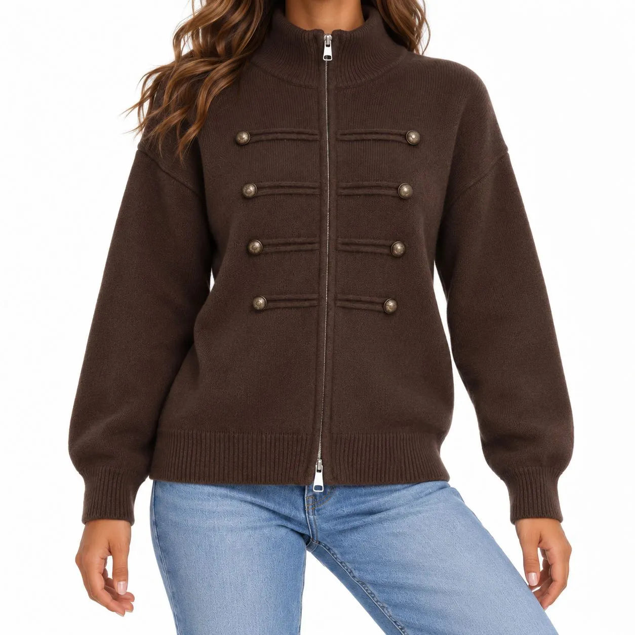 Stand Collar Zip Up Knit Cardigan, Double Breasted Decorative Button Sweater Jacket