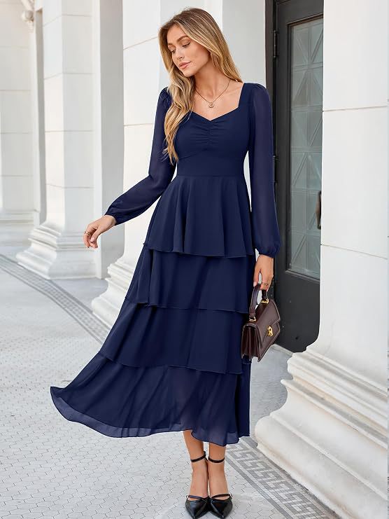 Dusty Blue Chiffon Tiered Maxi Dress | Long Sleeve Sweetheart Neck Formal Dress