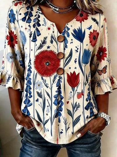 Round Neck Floral Printed Single Breasted 3/4 Ruffle Sleeve Loose Blouse