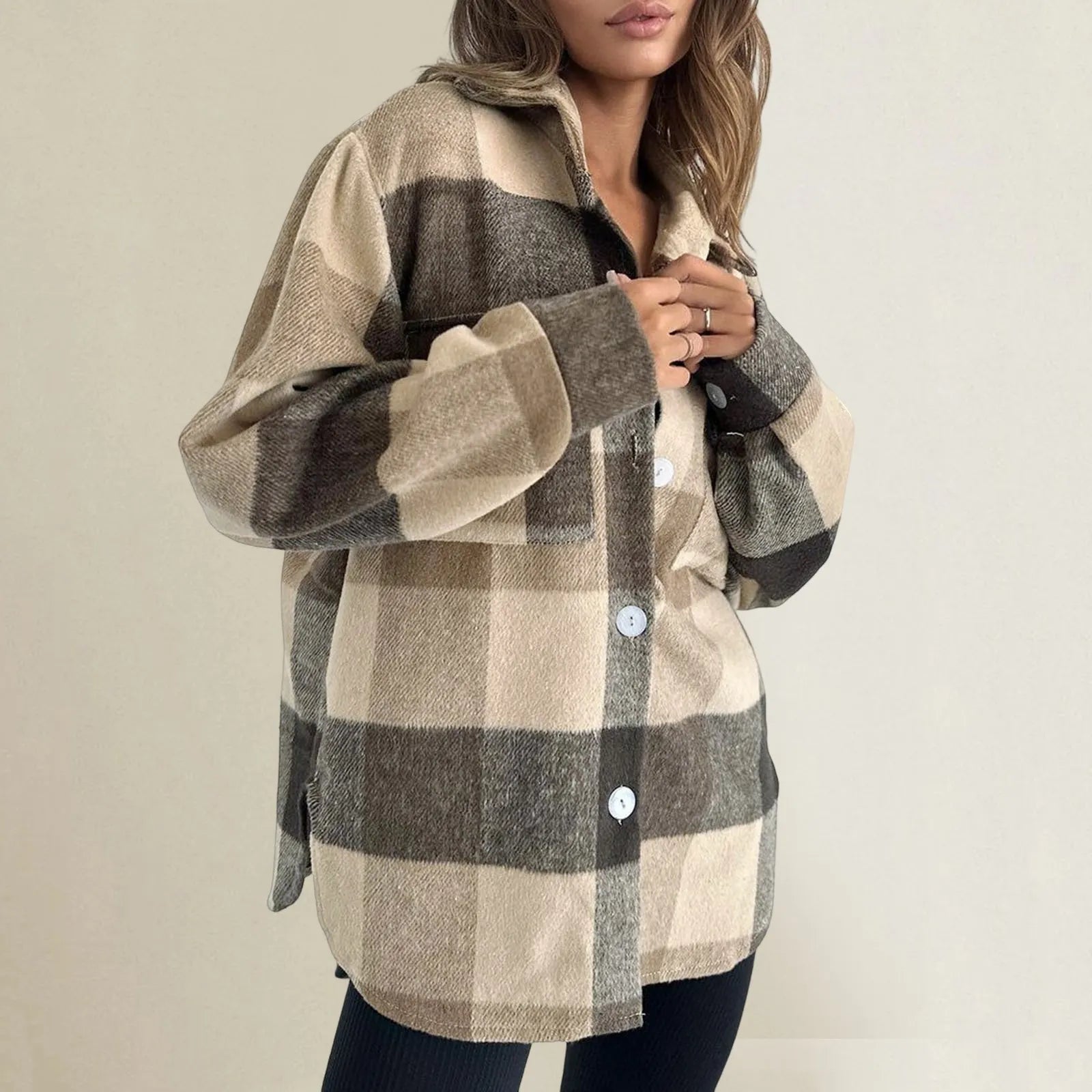 Grey Black Check Shacket, Loose Long Sleeve Plaid Shirt Jacket for Autumn