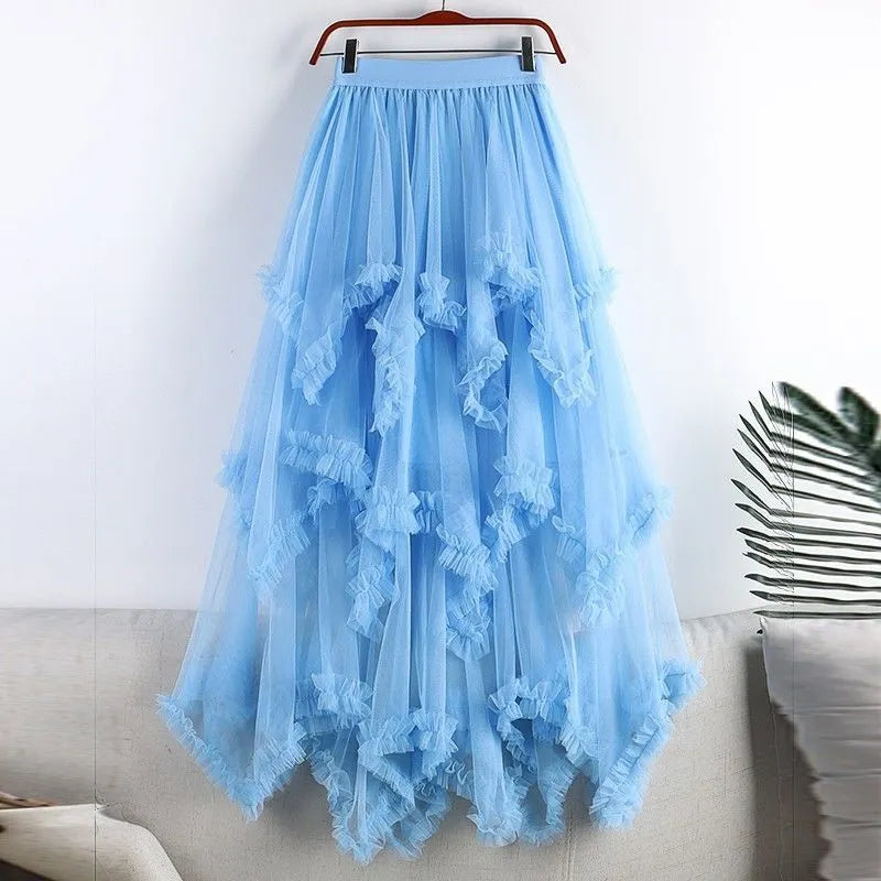 Asymmetrical Ruffle Tulle Maxi Skirt