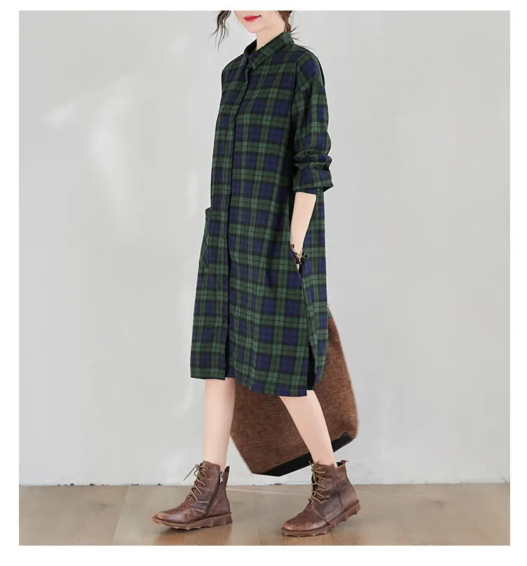 Loose Plaid Cotton Shirt Midi Dress
